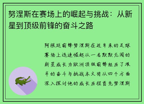 努涅斯在赛场上的崛起与挑战：从新星到顶级前锋的奋斗之路